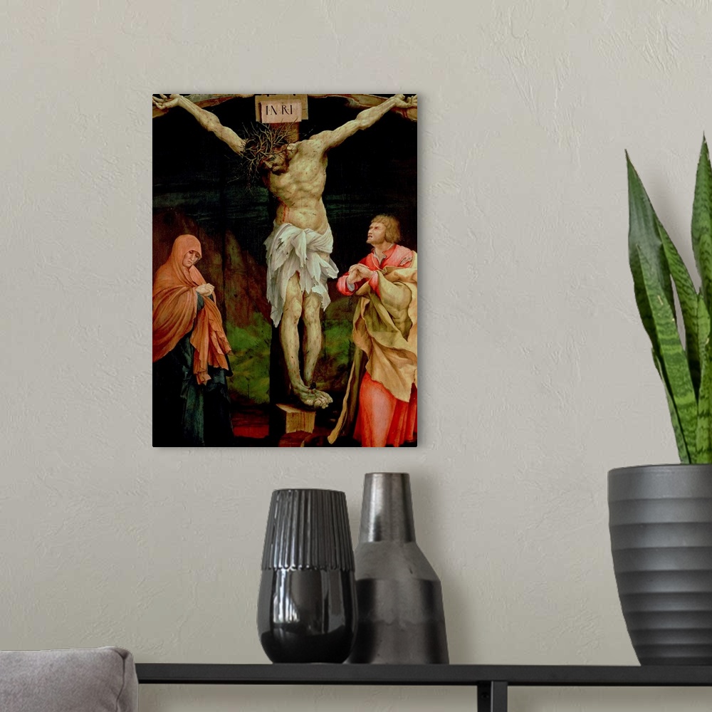 A modern room featuring XIR209259 The Crucifixion, c.1525 (oil on panel) by Grunewald, Matthias (Mathis Nithart Gothart) ...