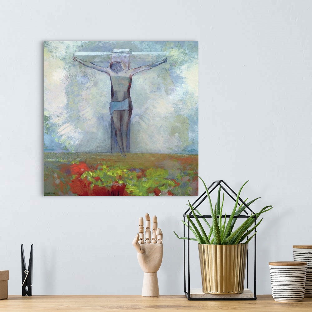 A bohemian room featuring XIR39004 The Crucifixion, c.1910 (oil on card)  by Redon, Odilon (1840-1916); 25.7x47.1 cm; Musee...