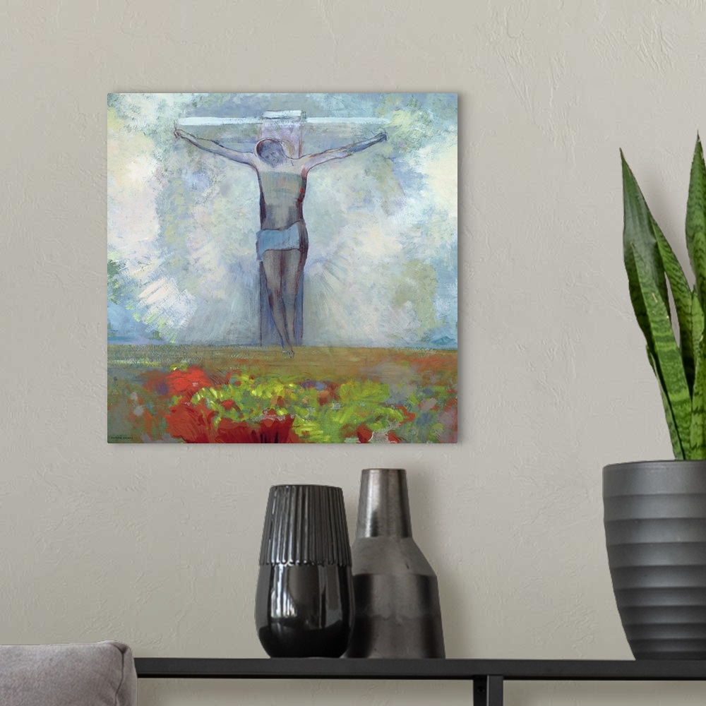 A modern room featuring XIR39004 The Crucifixion, c.1910 (oil on card)  by Redon, Odilon (1840-1916); 25.7x47.1 cm; Musee...