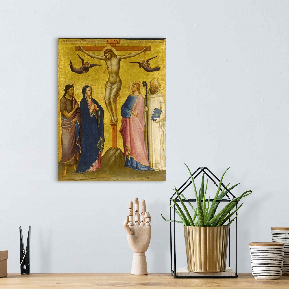 A bohemian room featuring Originally tempera and gold leaf on panel. The Crucifixion With St John The Baptist, The Virgin, ...