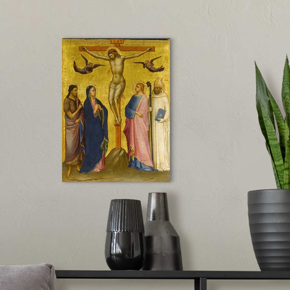A modern room featuring Originally tempera and gold leaf on panel. The Crucifixion With St John The Baptist, The Virgin, ...