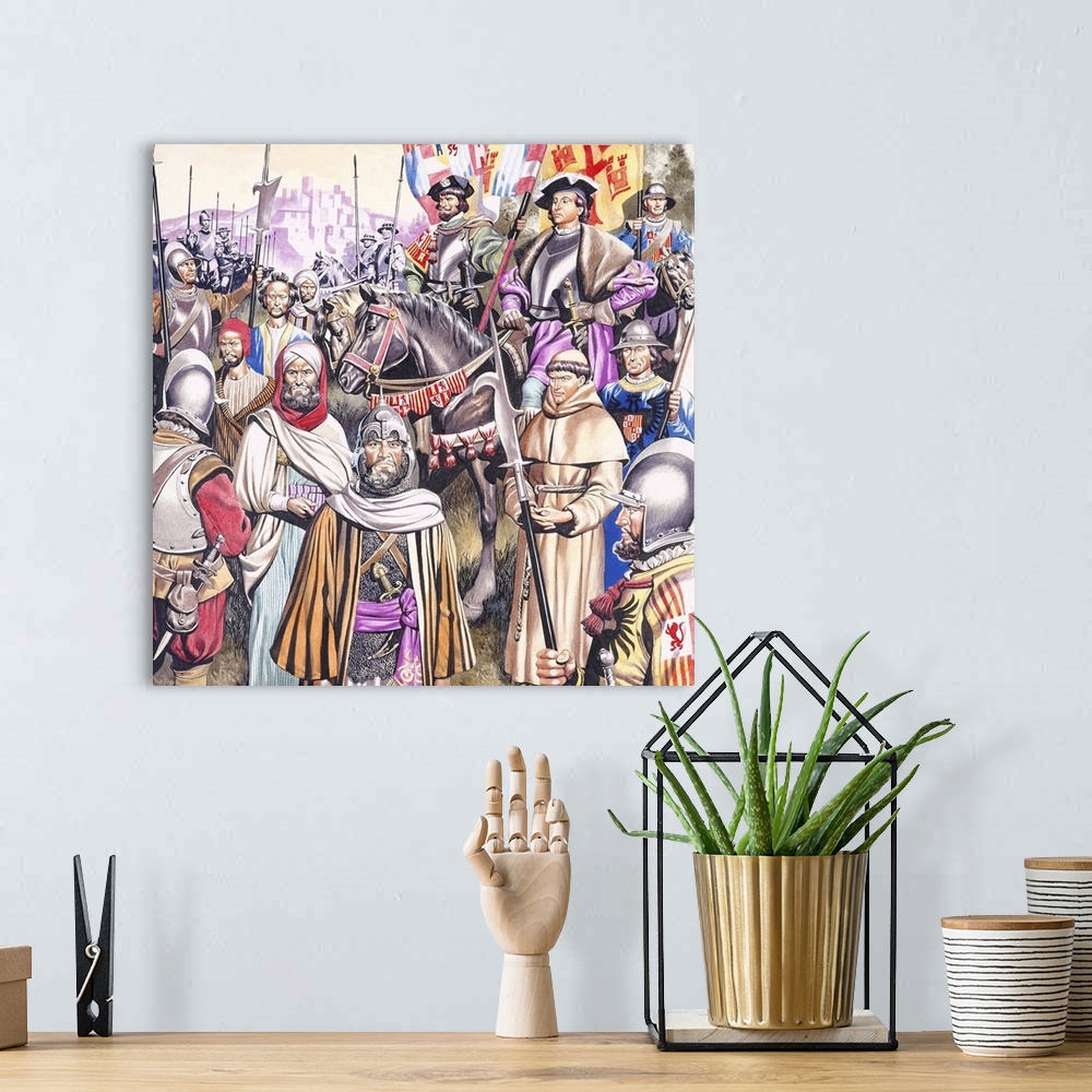 A bohemian room featuring The Crusades. Original artwork for illustration in Look and Learn.