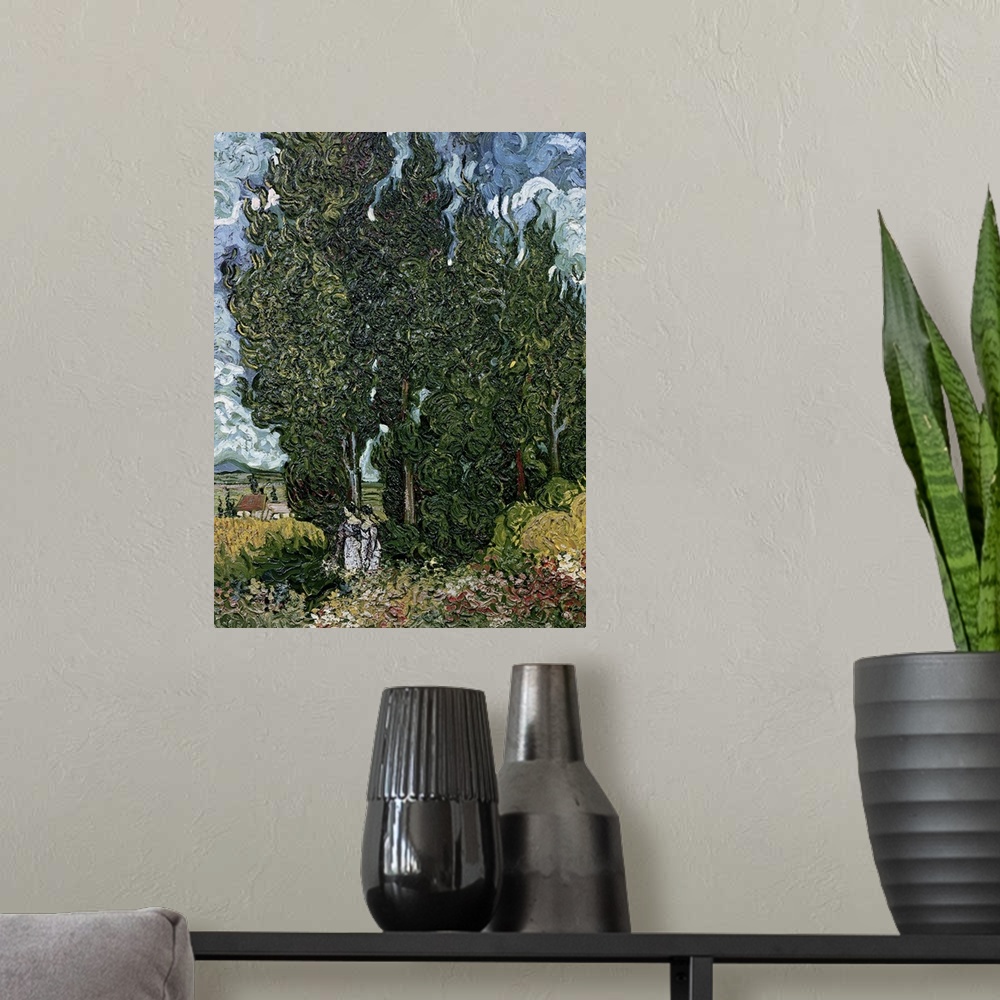 A modern room featuring Portrait classic painting of tall cypress trees in a field beneath a blue sky, painted with swirl...