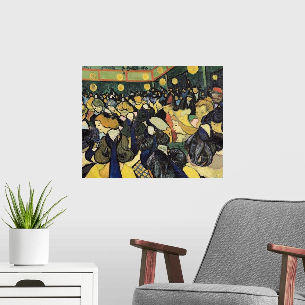 A modern room featuring A classic artwork piece of an audience chatting inside a dance hall waiting for the show to begin.