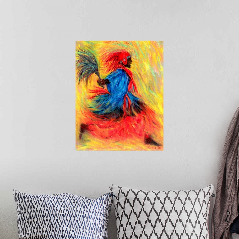 A bohemian room featuring Huge contemporary art showcases an African-American in a vibrantly colored costume performing a d...