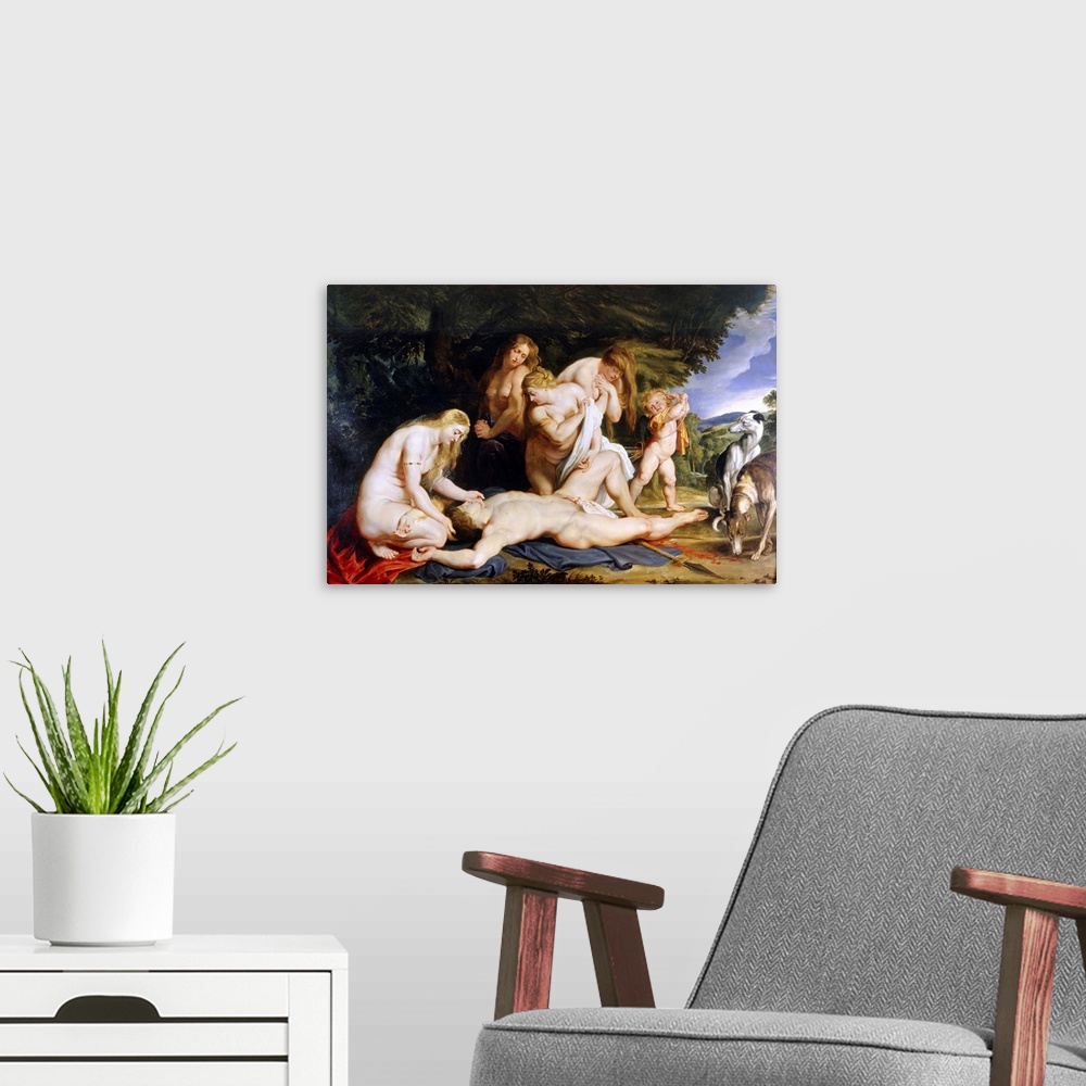 A modern room featuring The Death of Adonis (with Venus, Cupid and the Three Graces) c.1614