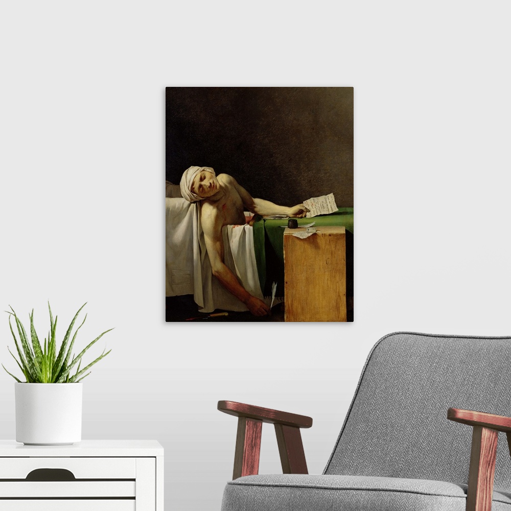 A modern room featuring The Death of Marat, after the original by Jacques-Louis David (1748-1825)