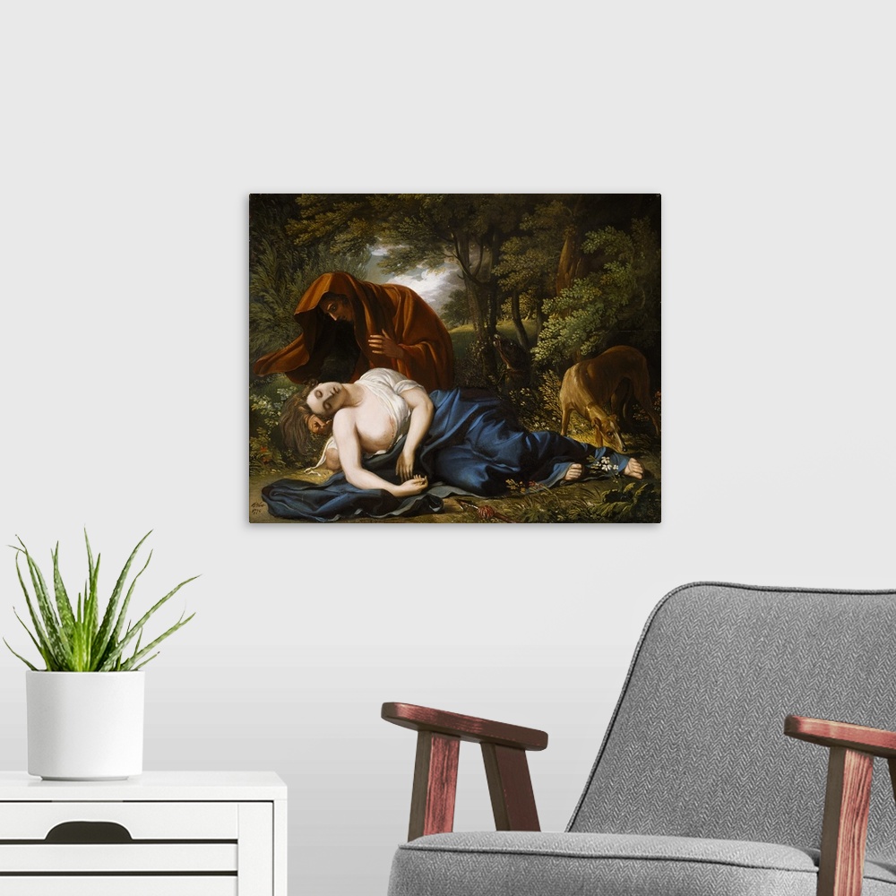 A modern room featuring The Death of Procris, 1770, retouched 1803, oil on panel.