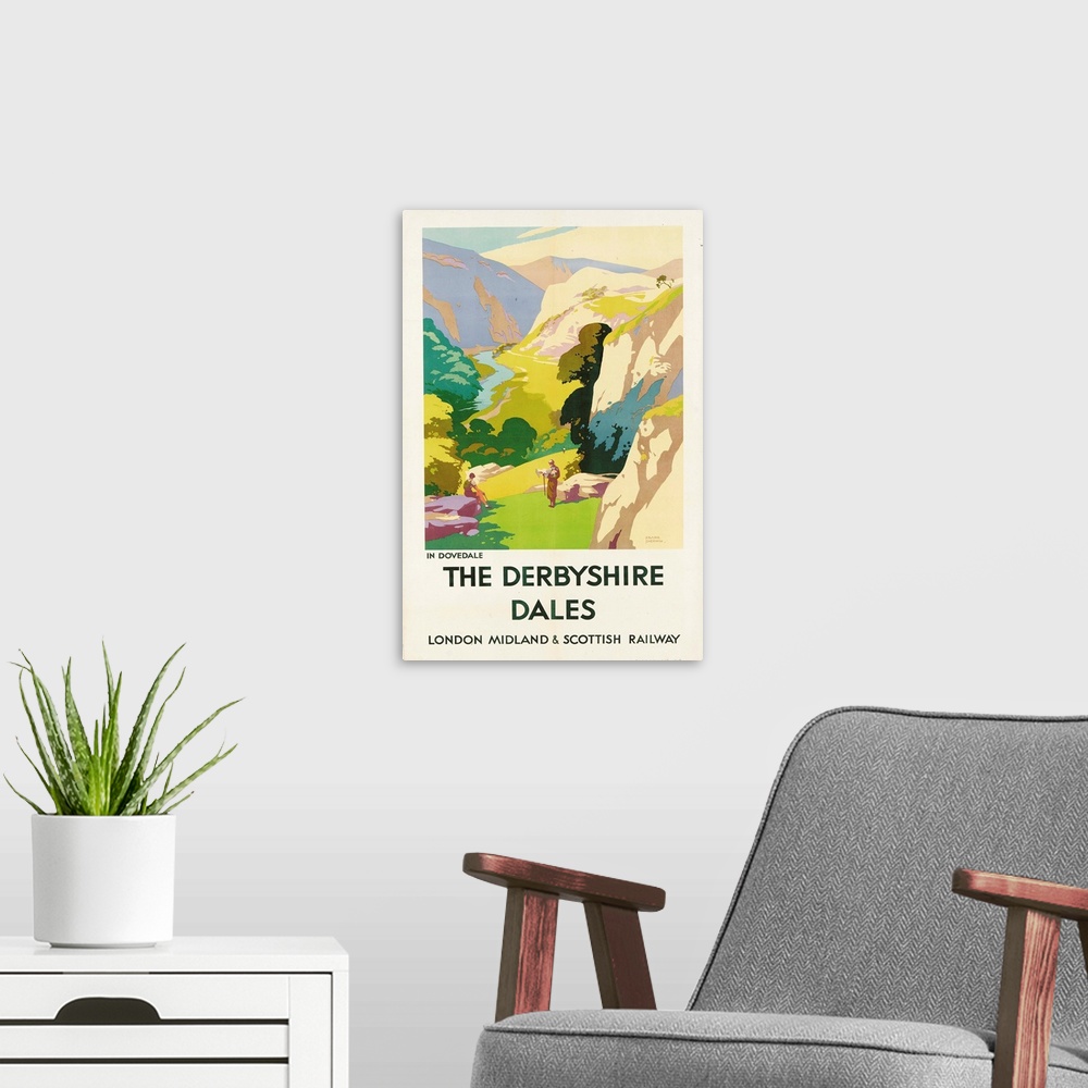 A modern room featuring 'The Derbyshire Dales', poster advertising London Midland