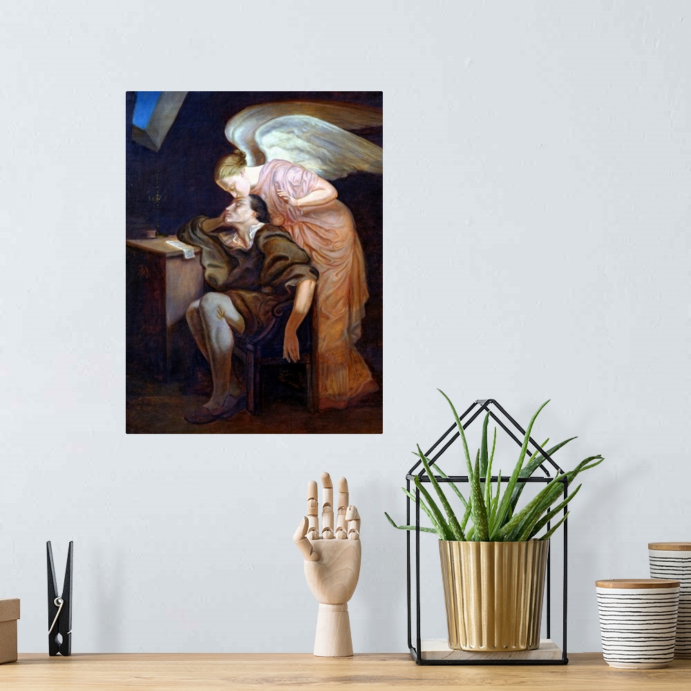 A bohemian room featuring A large vertical artwork piece of an angel kissing a man's forehead while he dreams at his desk.
