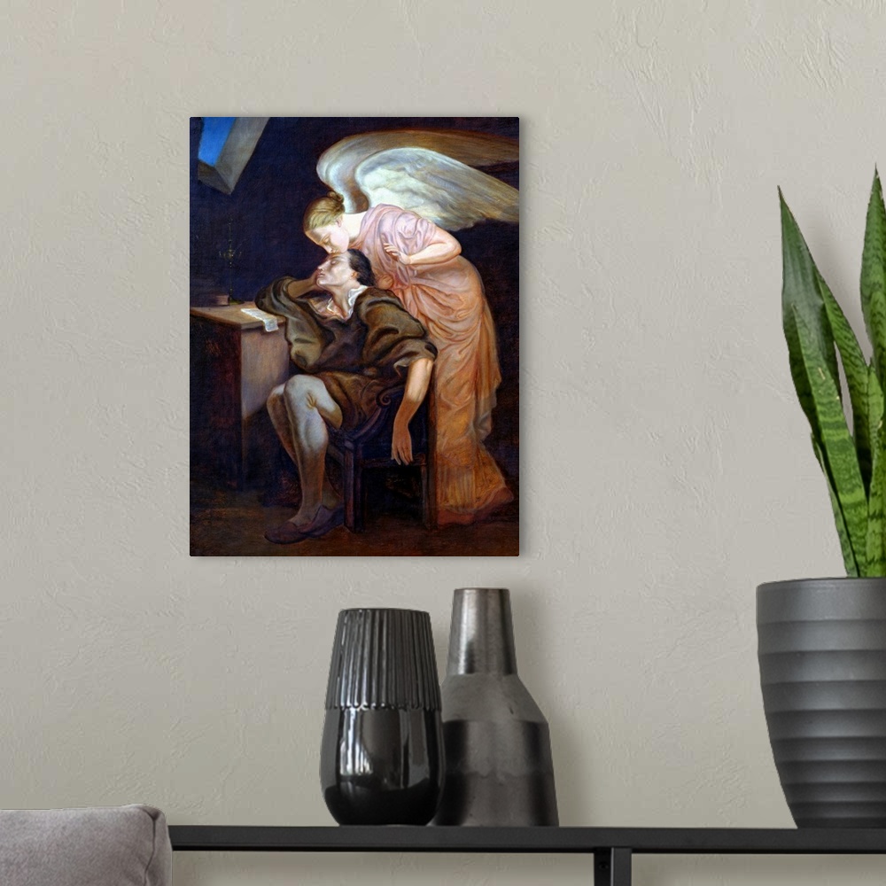 A modern room featuring A large vertical artwork piece of an angel kissing a man's forehead while he dreams at his desk.