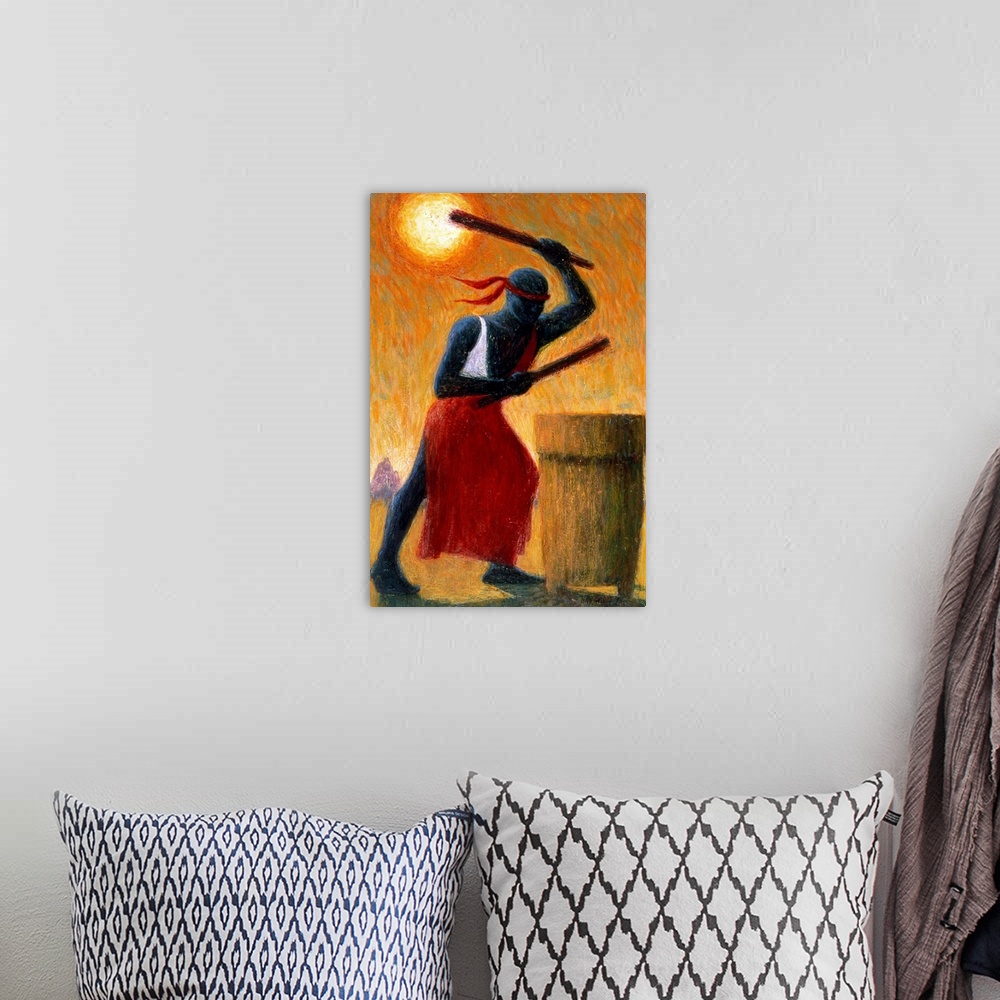 A bohemian room featuring A vertical painting of a man beating on a drum outdoors with warm tones painted up and down.