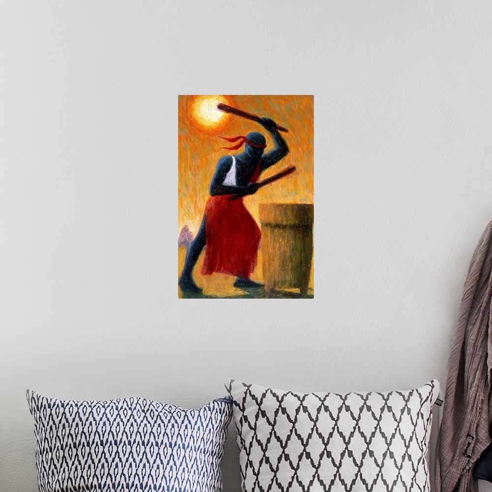 A bohemian room featuring A vertical painting of a man beating on a drum outdoors with warm tones painted up and down.