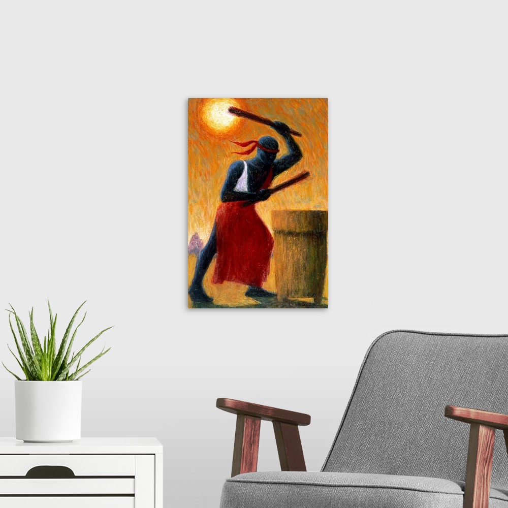 A modern room featuring A vertical painting of a man beating on a drum outdoors with warm tones painted up and down.