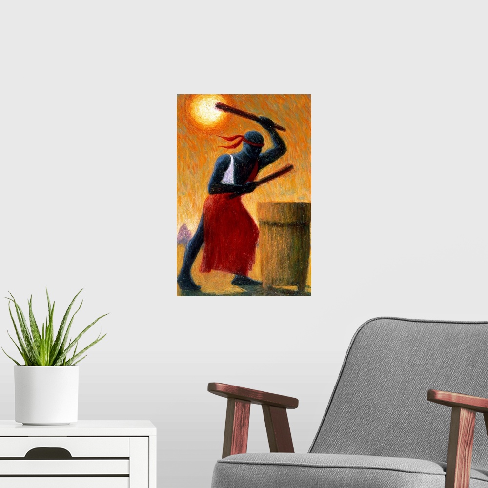 A modern room featuring A vertical painting of a man beating on a drum outdoors with warm tones painted up and down.