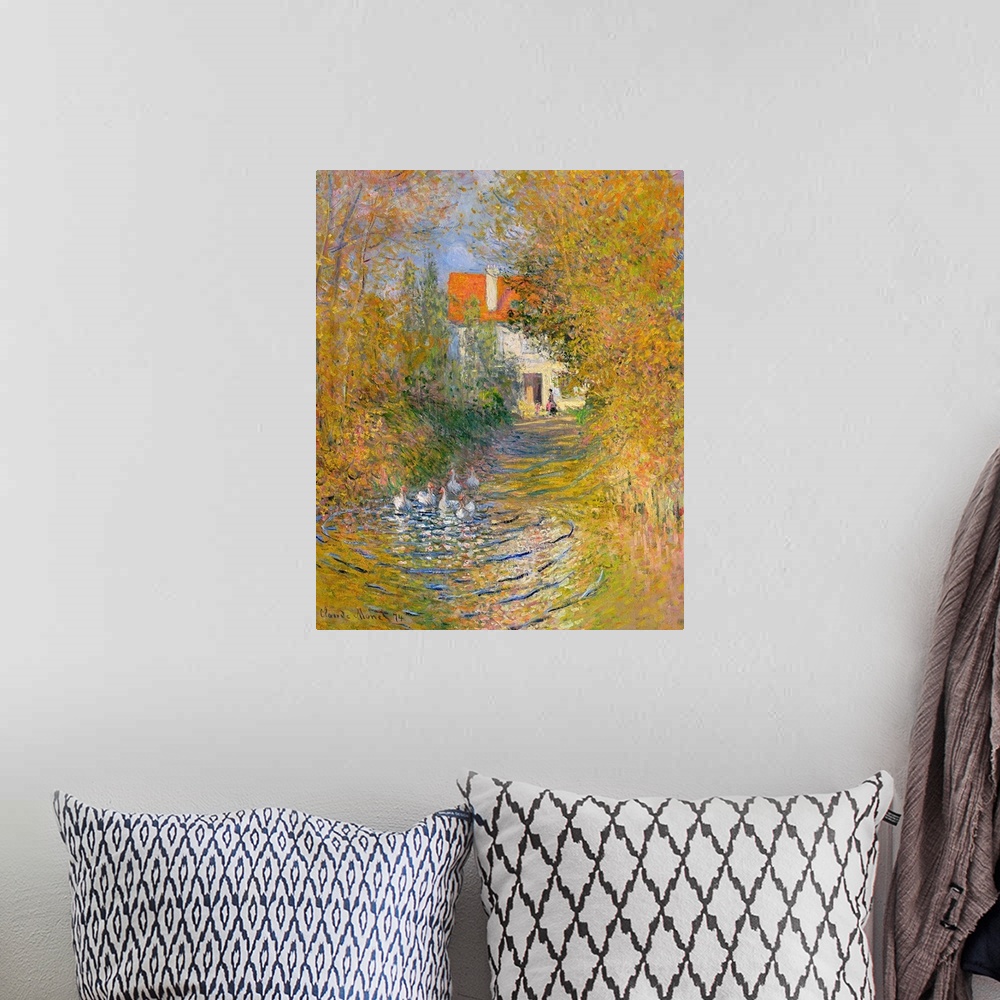 A bohemian room featuring Classic artwork of a duck pond that leads back to a house behind trees and foliage that line the ...