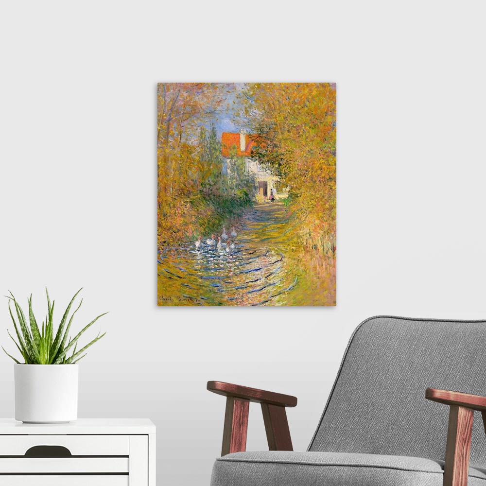 A modern room featuring Classic artwork of a duck pond that leads back to a house behind trees and foliage that line the ...