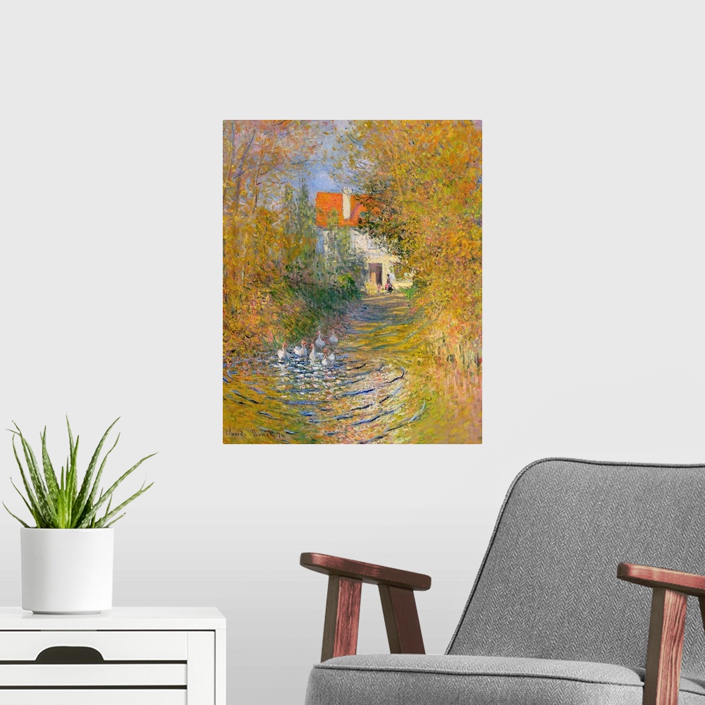 A modern room featuring Classic artwork of a duck pond that leads back to a house behind trees and foliage that line the ...