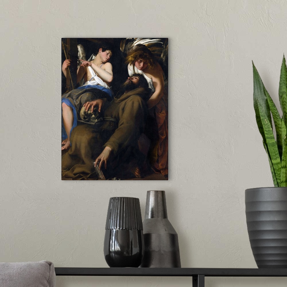 A modern room featuring The Ecstasy of Saint Francis, 1601, oil on canvas.
