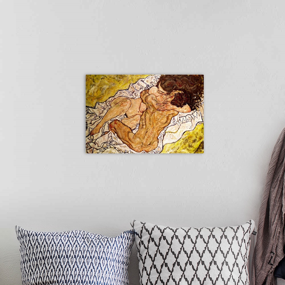 A bohemian room featuring Oil painting on canvas of an abstractly drawn man and woman laying in each other's arms on a blan...