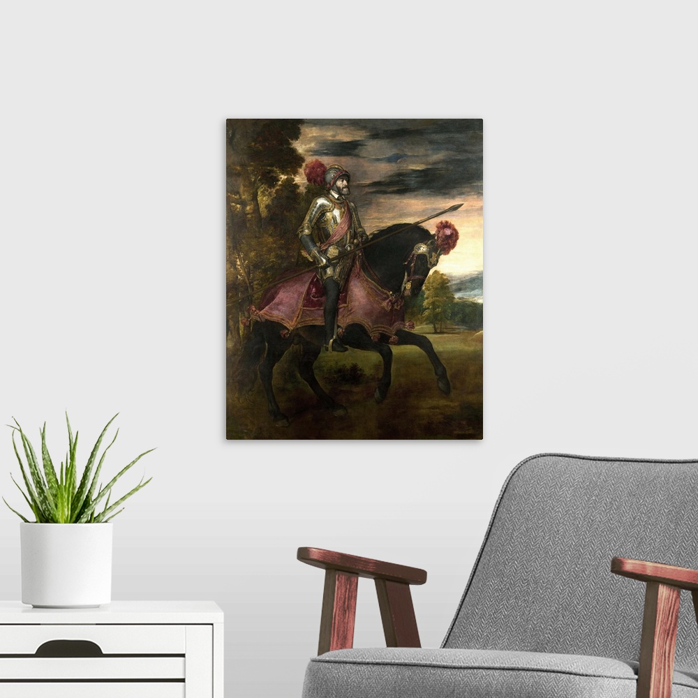 A modern room featuring XOS23261 The Emperor Charles V (1500-58) on Horseback in Muhlberg, 1548 (oil on canvas) by Titian...