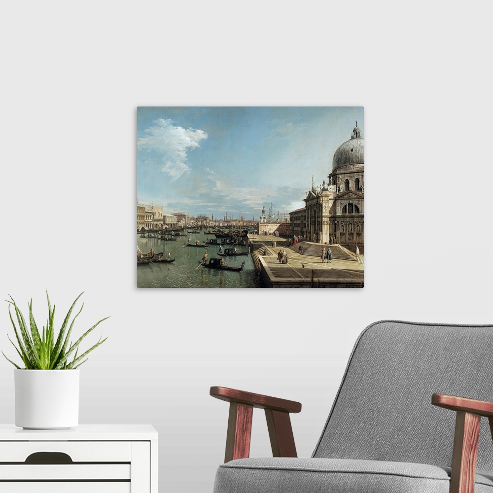 A modern room featuring XIR156534 The Entrance to the Grand Canal and the church of Santa Maria della Salute, Venice (oil...
