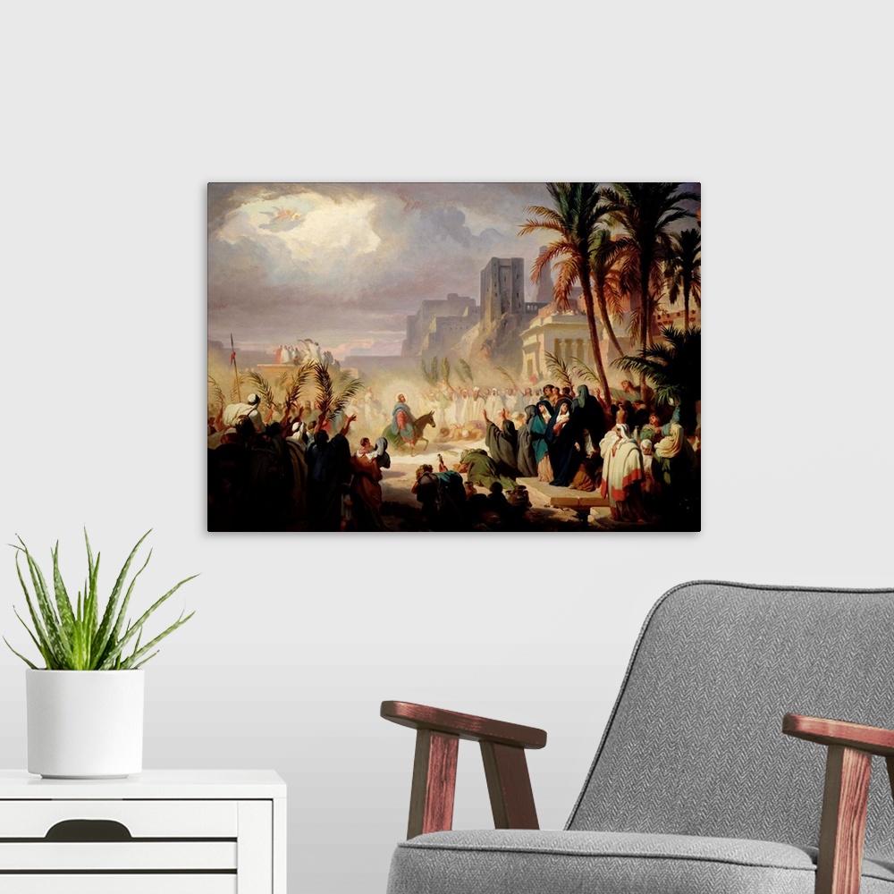 A modern room featuring The Entry of Christ into Jerusalem by Louis Felix Leullier
