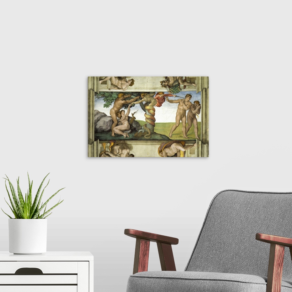 A modern room featuring Sistine Chapel Ceiling: The Fall of Man and the Expulsion from the Garden of Eden, with four Ignu...