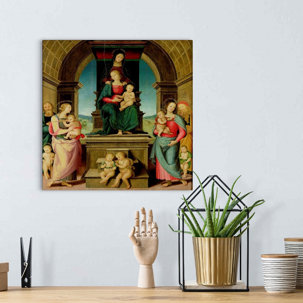 A bohemian room featuring XIR43211 The Family of St. Anne, c.1507 (oil on panel); by Perugino, Pietro (c.1445-1523); 202x17...