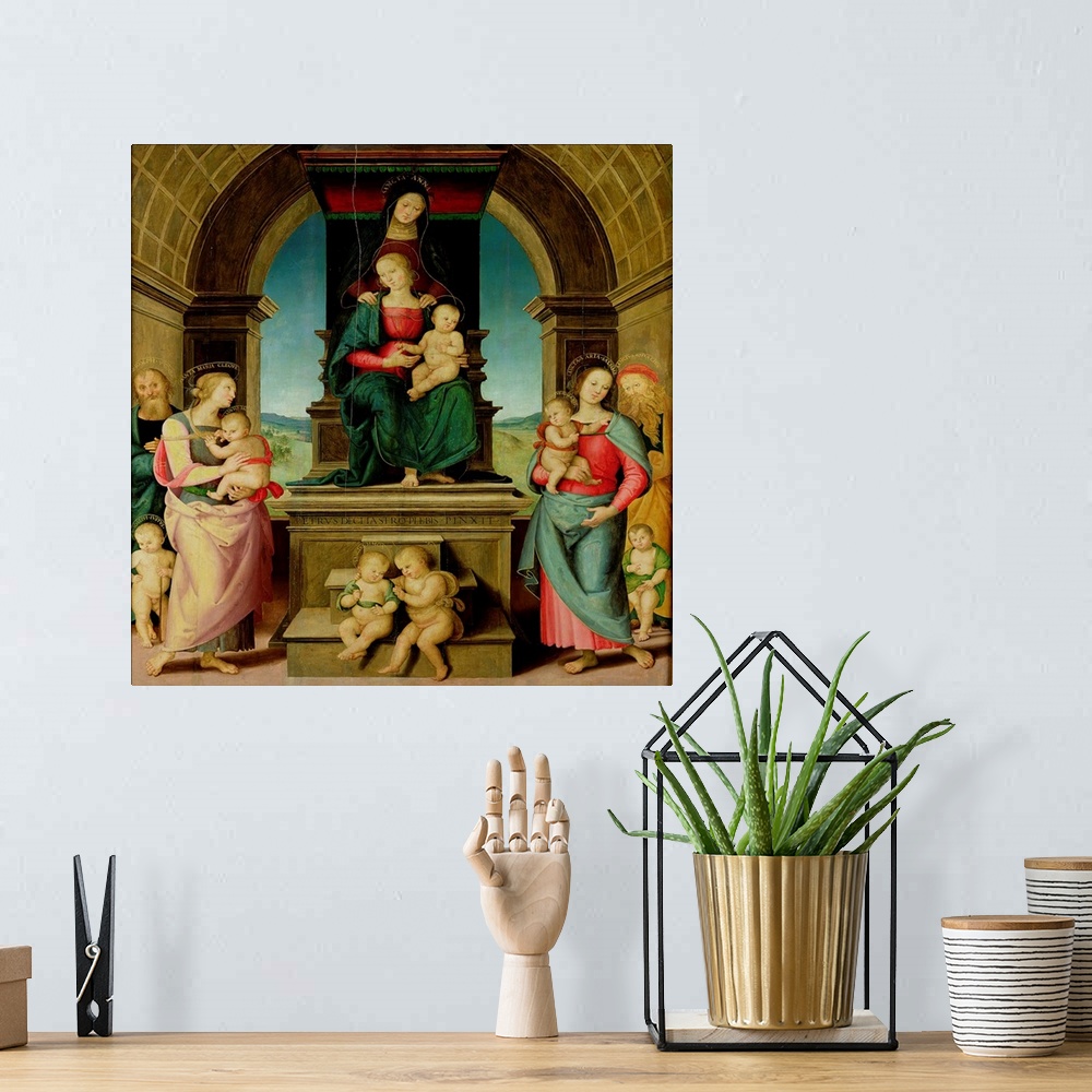 A bohemian room featuring XIR43211 The Family of St. Anne, c.1507 (oil on panel); by Perugino, Pietro (c.1445-1523); 202x17...