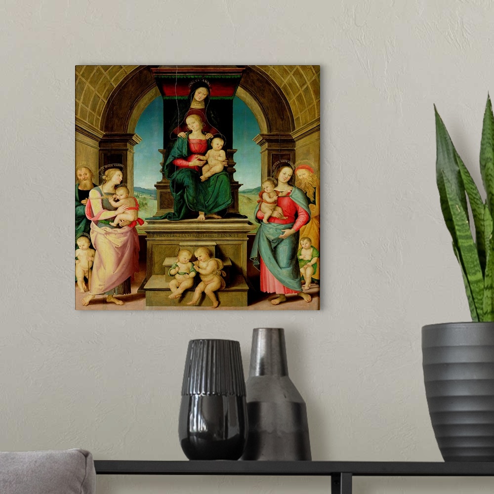 A modern room featuring XIR43211 The Family of St. Anne, c.1507 (oil on panel); by Perugino, Pietro (c.1445-1523); 202x17...