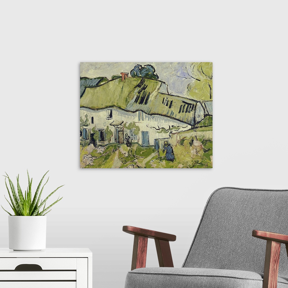 A modern room featuring Oil painting of farmhouse with field in front that has people tending to crops.