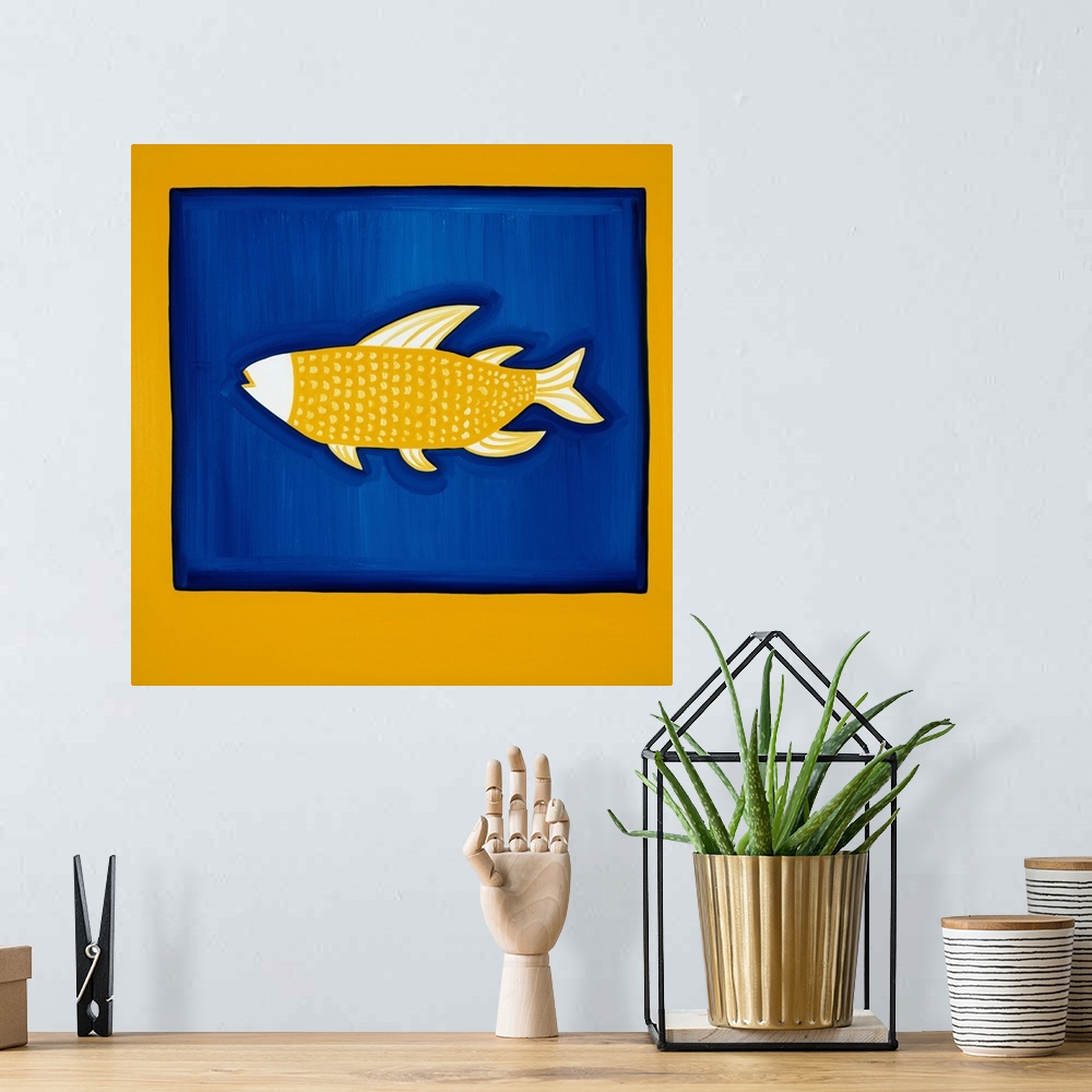 A bohemian room featuring Contemporary painting of a yellow fish on a blue background.