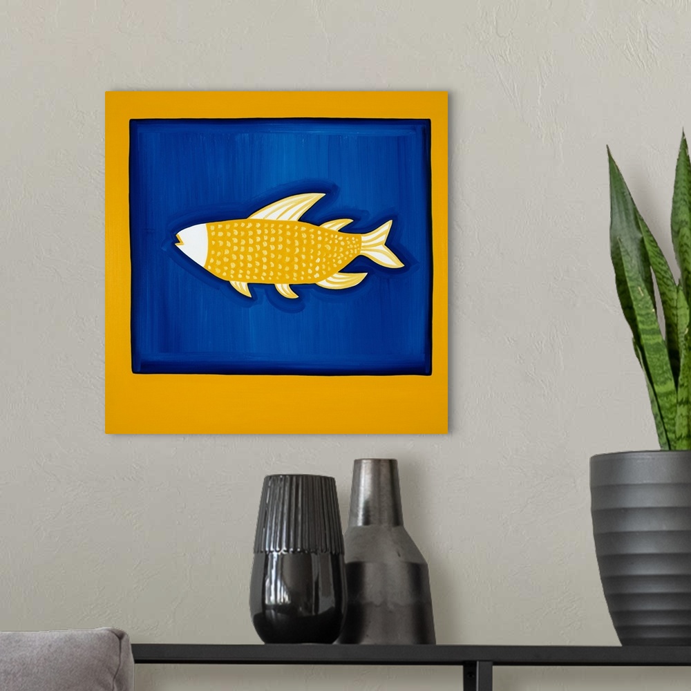 A modern room featuring Contemporary painting of a yellow fish on a blue background.