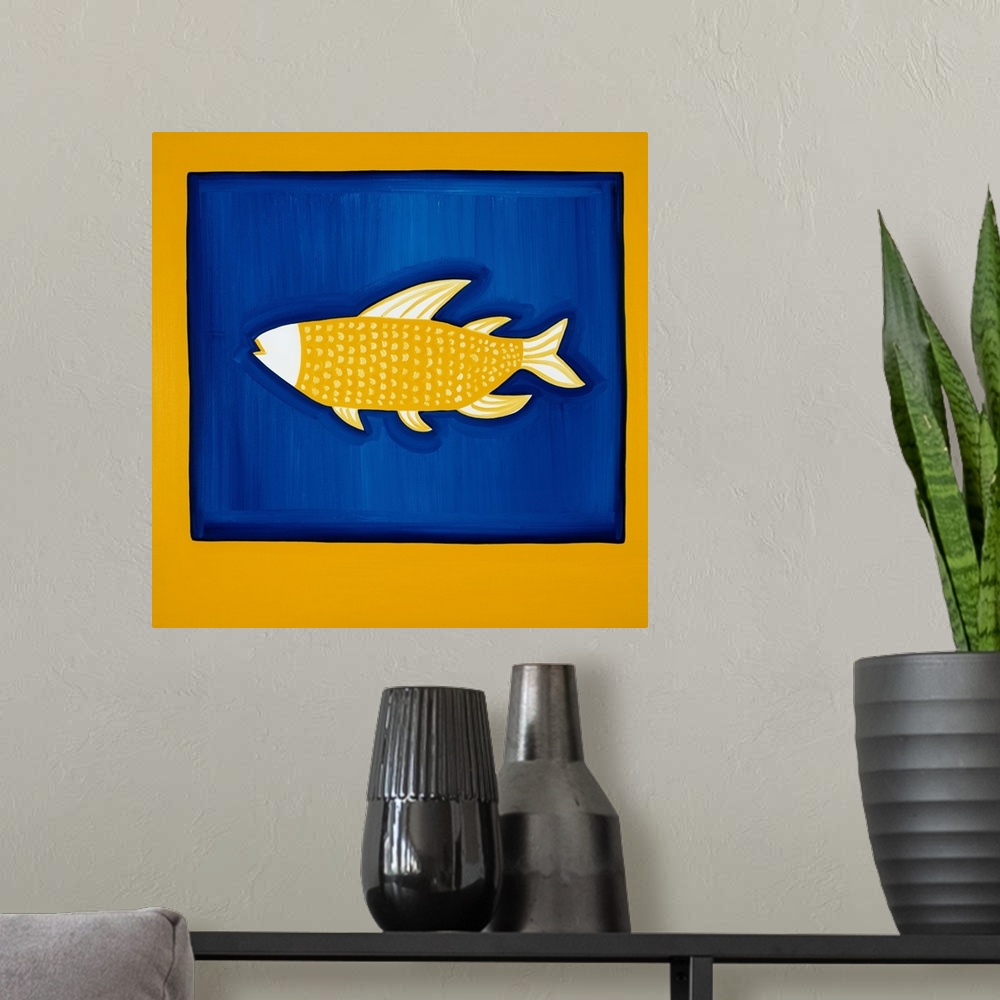 A modern room featuring Contemporary painting of a yellow fish on a blue background.