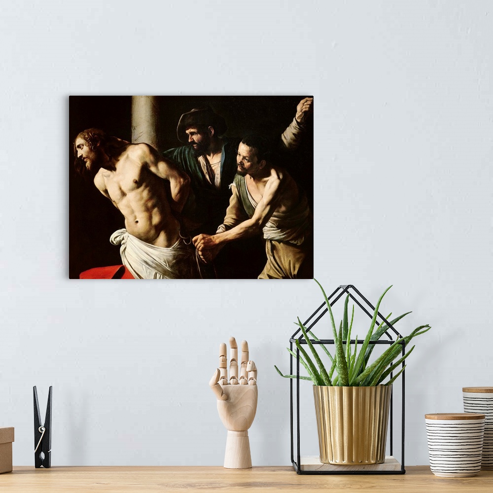 A bohemian room featuring XOU58364 The Flagellation of Christ, c.1605-7 (oil on canvas)  by Caravaggio, Michelangelo (1571-...