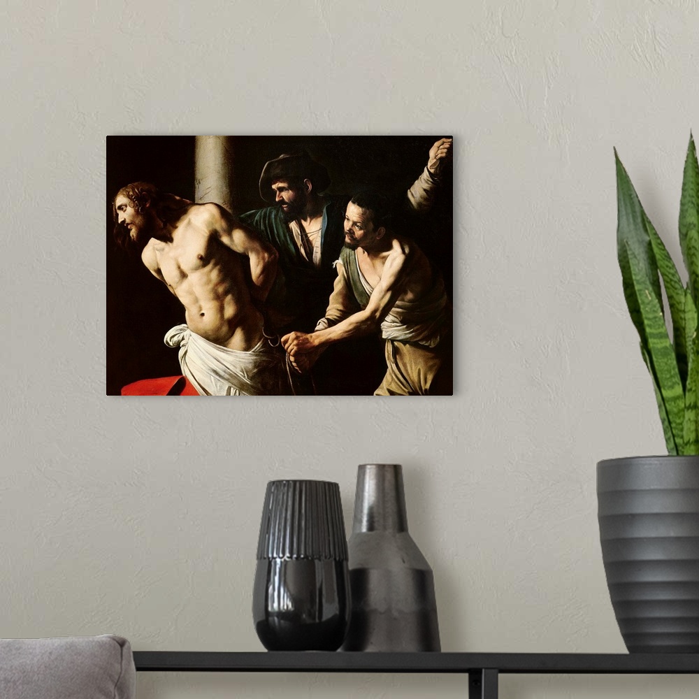 A modern room featuring XOU58364 The Flagellation of Christ, c.1605-7 (oil on canvas)  by Caravaggio, Michelangelo (1571-...