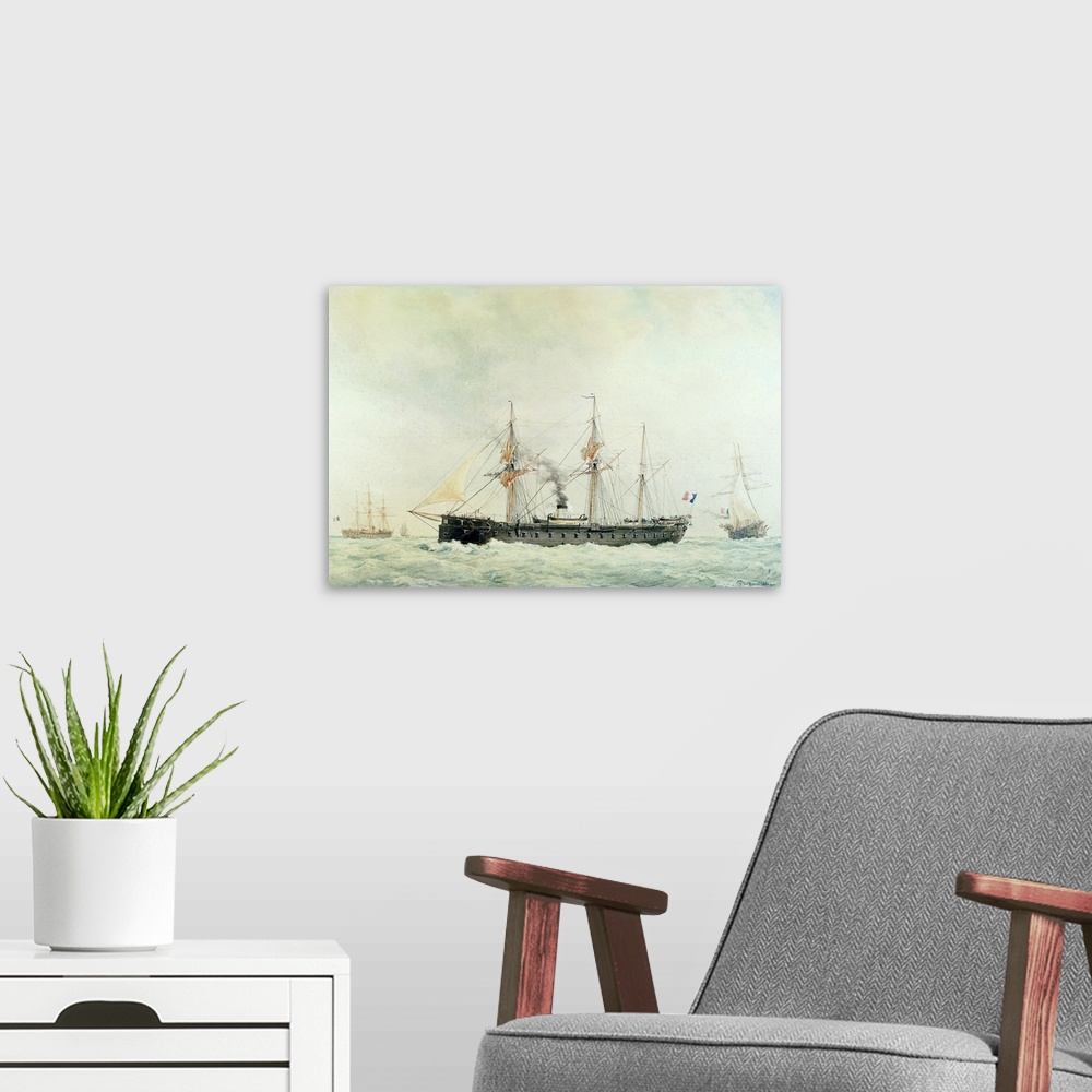 A modern room featuring XIR158627 The French Battleship, 'La Gloire', 1880 (w/c on paper)  by Roux, Francois Geoffroy (18...