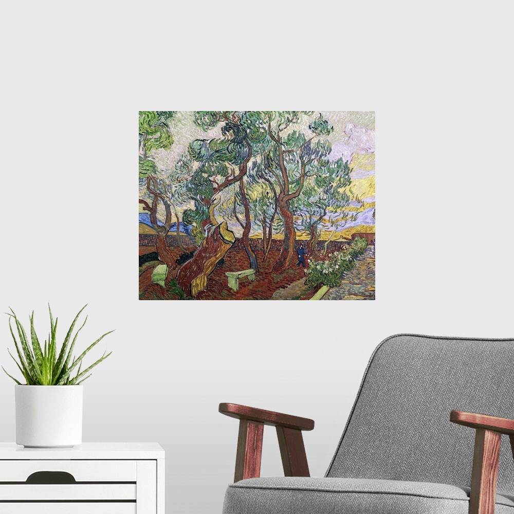A modern room featuring Large, horizontal classic painting of a line of trees with curvy bunches of leaves, alongside a w...