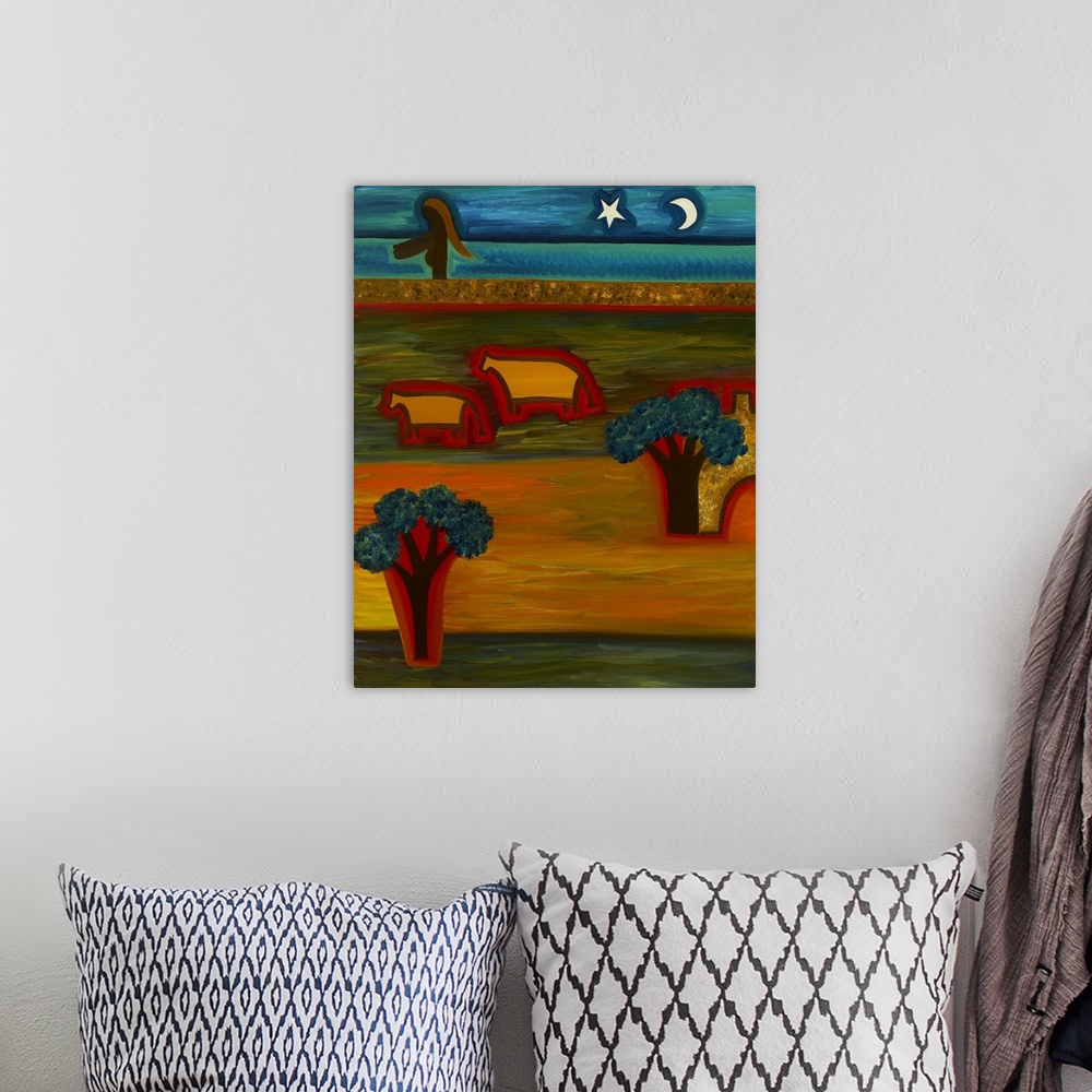 A bohemian room featuring Contemporary painting of a woman near two cows at night.