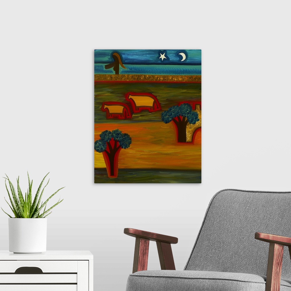 A modern room featuring Contemporary painting of a woman near two cows at night.