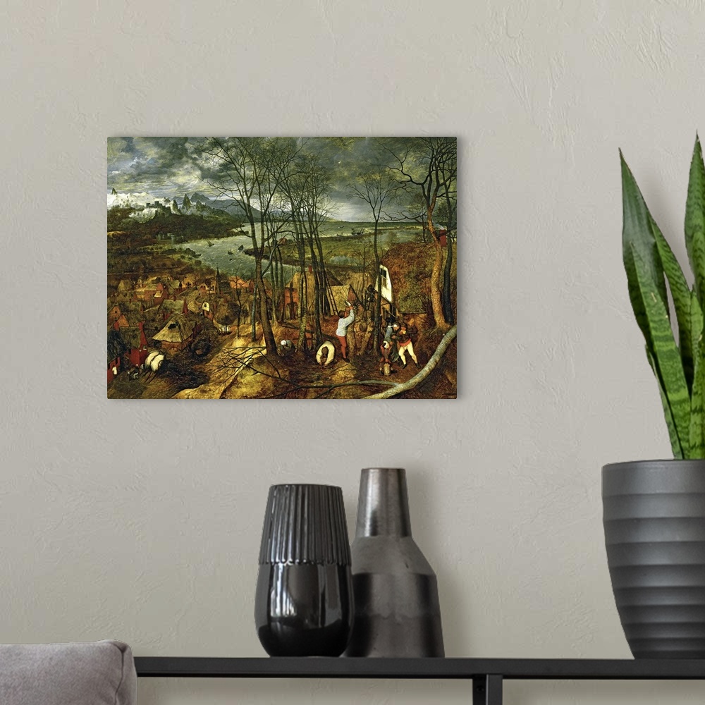 A modern room featuring XAM509 The Gloomy Day - Spring, 1559  by Bruegel, Pieter the Elder (c.1525-69); oil on canvas; 18...