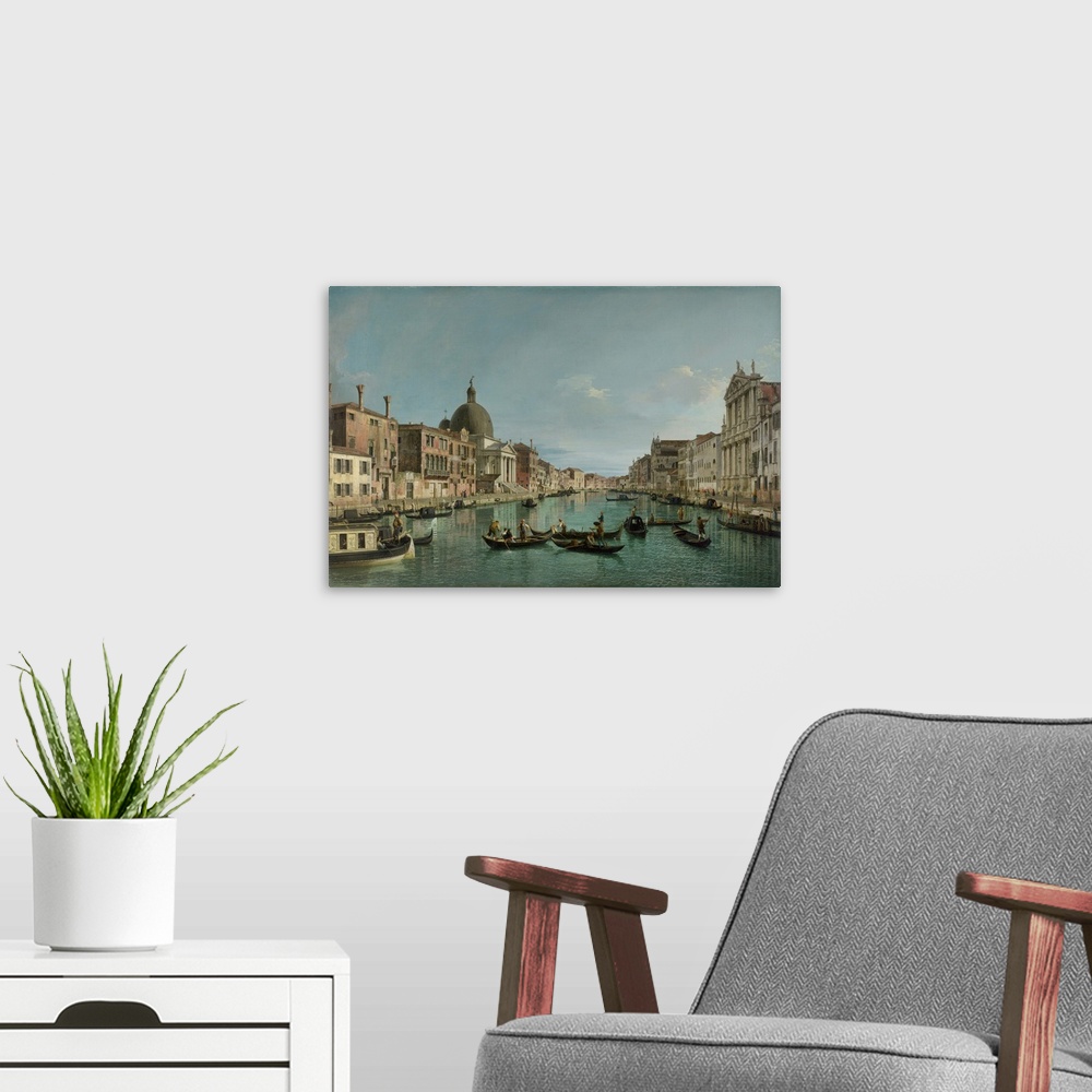 A modern room featuring The Grand Canal in Venice with San Simeone Piccolo and the Scalzi church, c. 1738, oil on canvas....