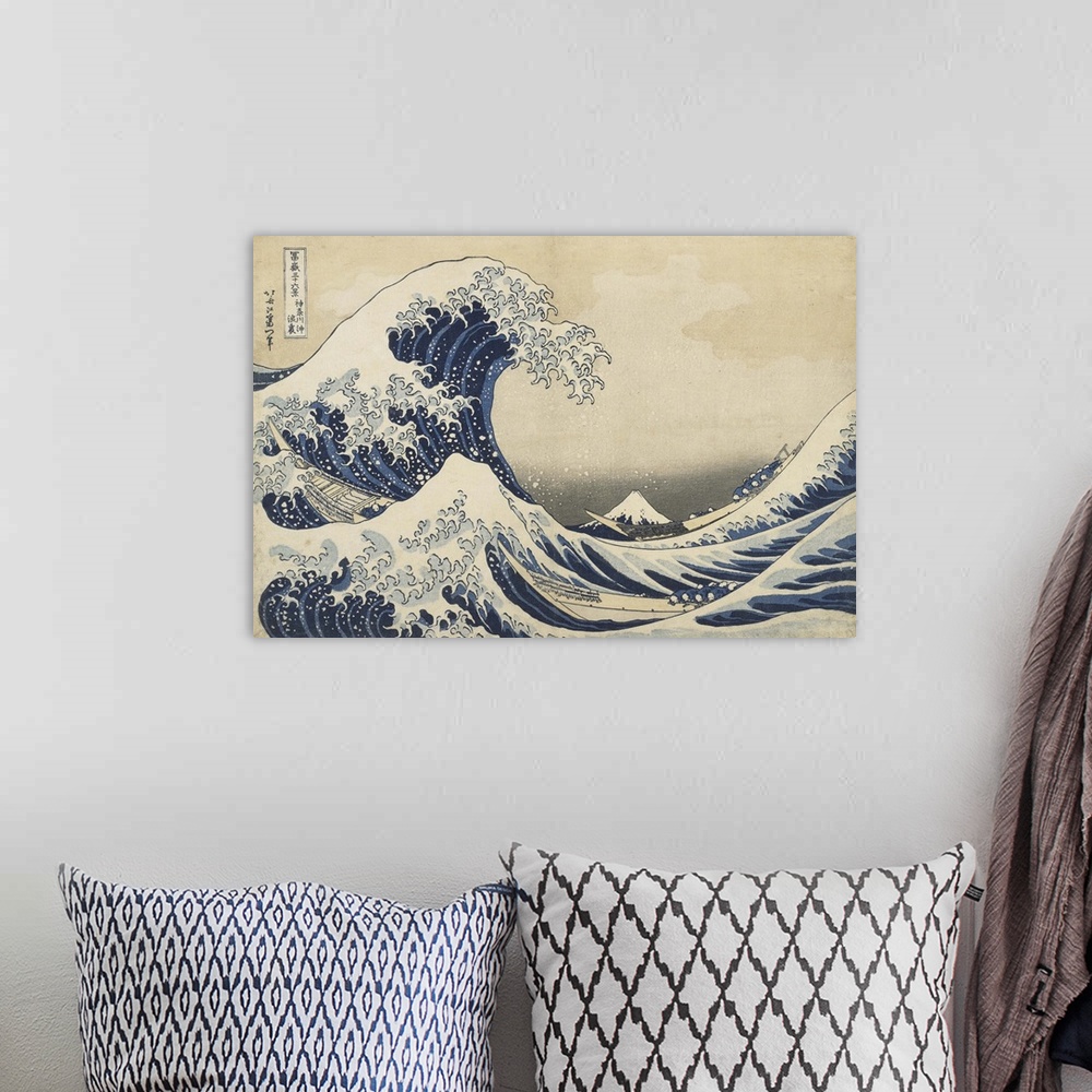 A bohemian room featuring Also known as The Great Wave or simply The Wave, this iconic woodblock print by Katsushika Hokusa...