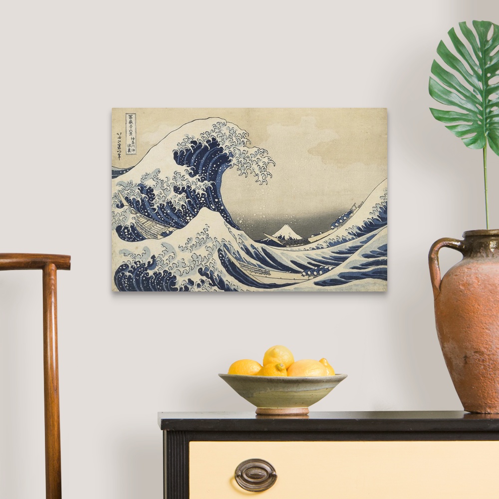 A traditional room featuring Also known as The Great Wave or simply The Wave, this iconic woodblock print by Katsushika Hokusa...
