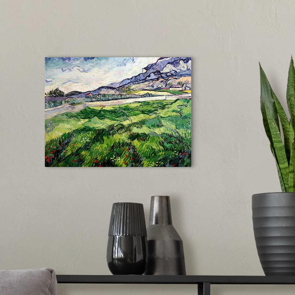 A modern room featuring Docor perfect for the home of a classic art piece that paints a large field next to a river with ...