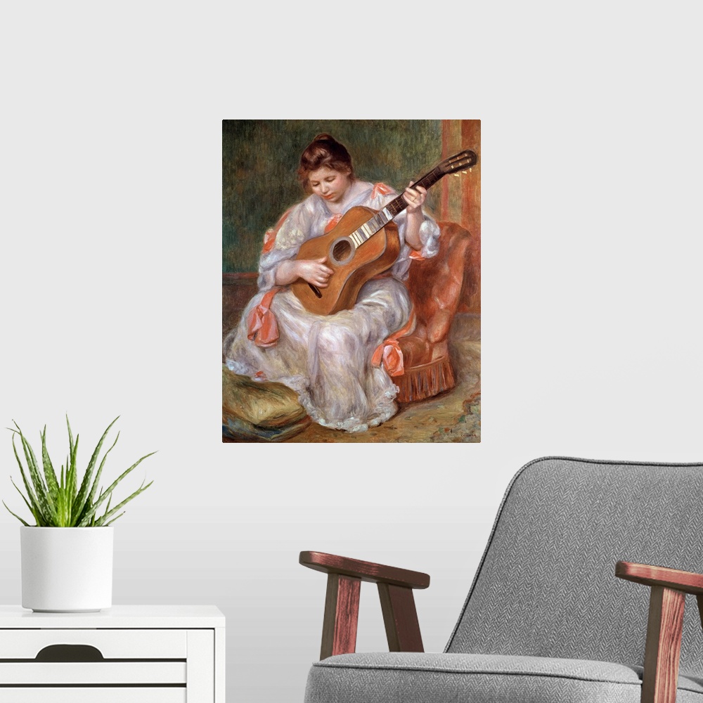 A modern room featuring XIR37654 The Guitar Player, 1897 (oil on canvas)  by Renoir, Pierre Auguste (1841-1919); 81x65 cm...