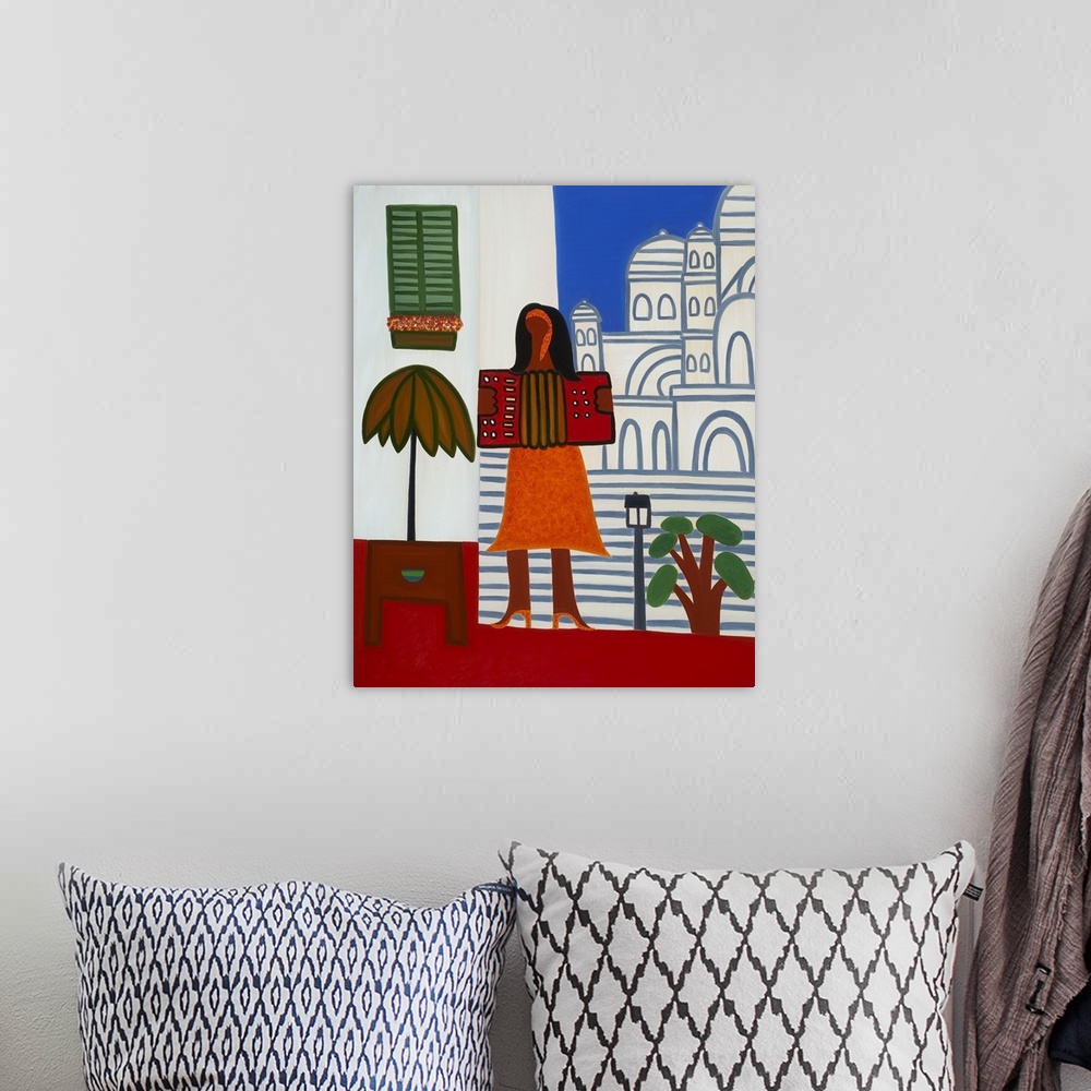 A bohemian room featuring Contemporary painting of a woman playing an accordion in Paris.