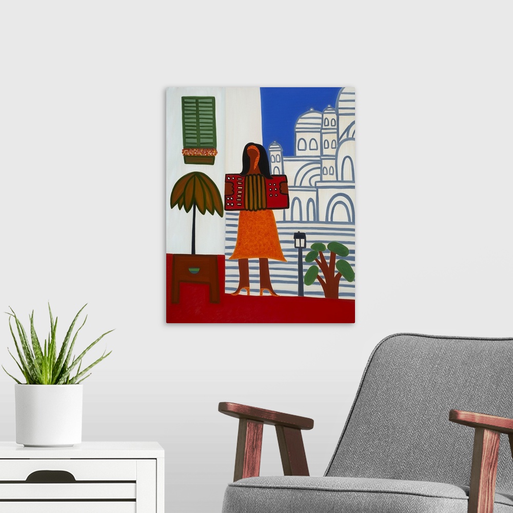 A modern room featuring Contemporary painting of a woman playing an accordion in Paris.