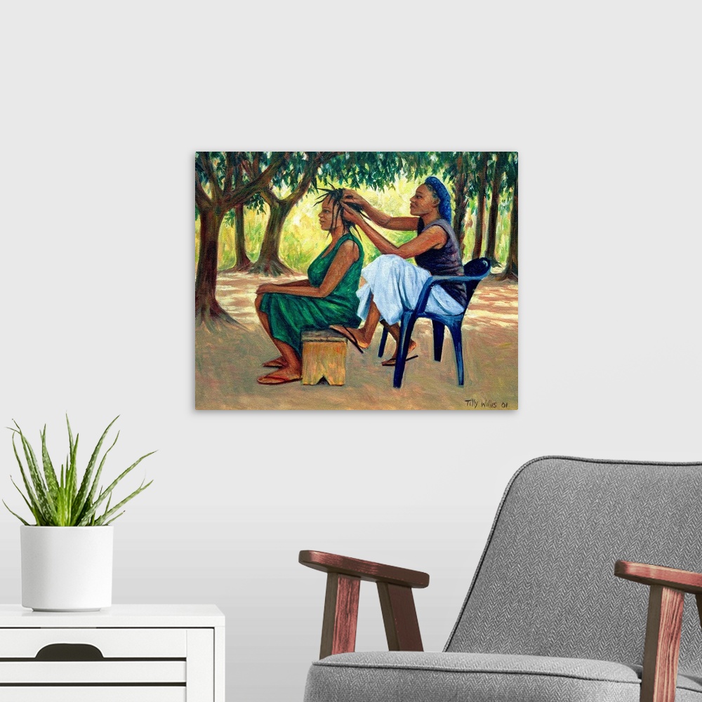 A modern room featuring African American artwork and wall docor this painting shows a woman braiding another womanos hair...